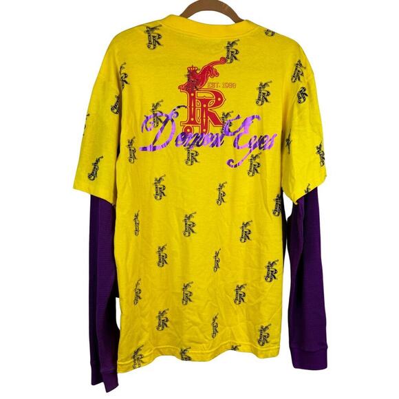 Request T-Shirt Mens XL Vibrant Yellow Crew Layered Long Sleeves Demon Eyes - Picture 2 of 8